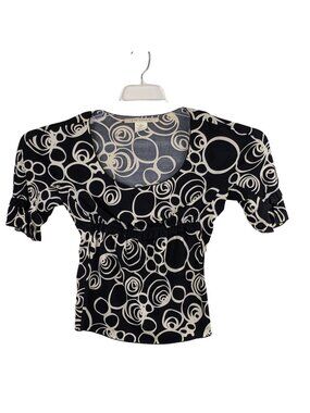Max Studio Medium Black/Cream polyester Blend Circle Pattern Short Sleeve Top